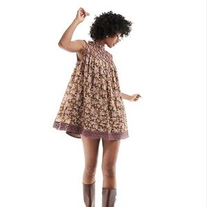 Free People vintage floral mini smock dress in chocolate and pink